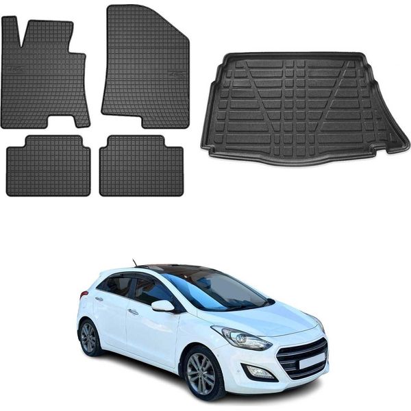 Set Di Tappetini E Rivestimenti Per Il Bagagliaio Per Hyundai I30 Estate 2012-2017 In Gomma Nera 5X-image