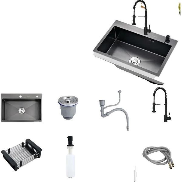 Lavello Da Cucina In Acciaio Inox, Con Scolapiatti E Dispenser Di Sapone, Blu Navy-image