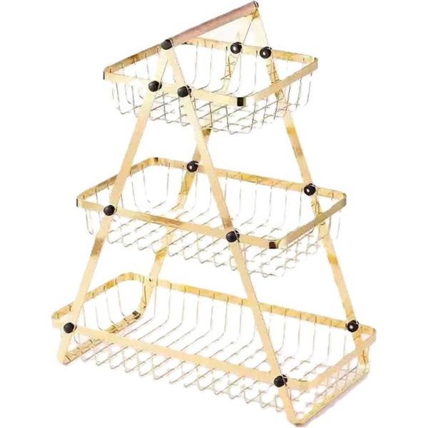 Etagere A 3 Livelli Con Maniglia, Cesto Di Frutta In Oro - Portatile E Salvaspazio-image