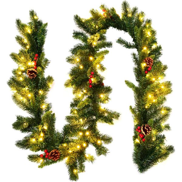 Costway 270Cm Ghirlanda Di Natale Con 100 Led Bianco Caldo, Ghirlanda Di Abete Artificiale Con Pigne, Bacche Rosse E Timer, Ghirlanda Di Natale-image