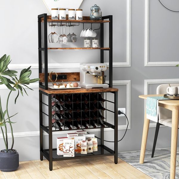 Costway Frigorifero Per Vino Con 4 Ripiani, Portabicchieri, Portabottiglie E Presa, Portaoggetti Da Cucina, Portaoggetti, Vintage Industriale Marrone-image