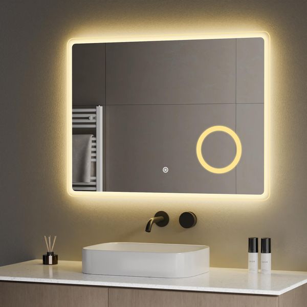 S'afielina Specchio Da Bagno A Led 80 X 60 Cm Specchio Da Parete Con Interruttore A Sfioramento+Senza Nebbia+3 Colori Di Luce 3000K/4000K/6500K Specchio Illuminato Con 3 Ingrandimenti-image