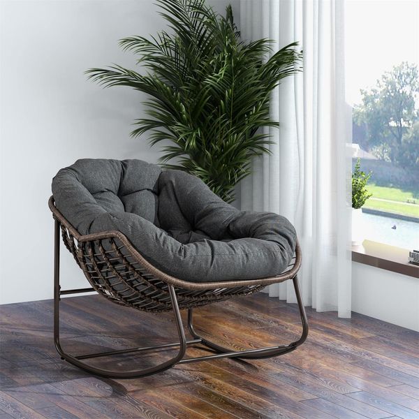 Sedia A Dondolo Sweiko Con Cuscino Imbottito, Sedia In Rattan Con Struttura In Acciaio, Sedia Da Salotto, Per Soggiorno, Camera Da Letto, Studio, Giardino, 111Cmx94,5Cmx80Cm, Grigio-image