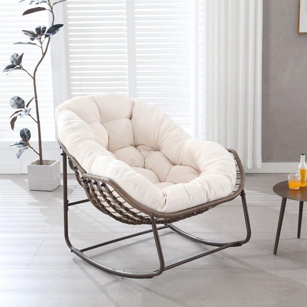 Sedia A Dondolo Sweiko Con Cuscino Imbottito, Sedia In Rattan Con Struttura In Acciaio, Sedia Da Salotto, Per Soggiorno, Camera Da Letto, Studio, Giardino, 111Cmx94,5Cmx80Cm, Bianco-image
