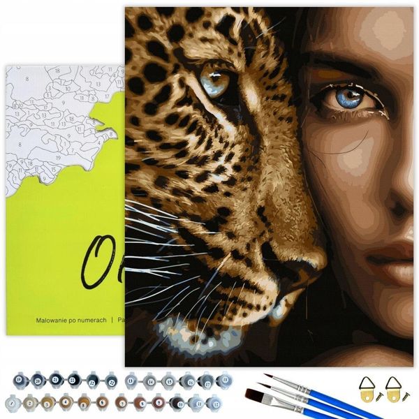 Oh Art! Dipingere Con I Numeri Animali - Donna E Leopardo 50X40 Cm Tela Nera, 30 Colori E Vernice Dorata Incl. Pennelli, Colori Acrilici E Accessori-image