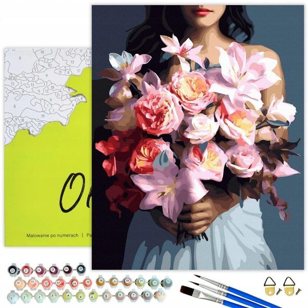 Oh Art! Paint By Numbers Flowers - Donna Con Bouquet Rosa 50X40 Cm Con Cornice, 32 Colori Incl. Pennelli, Colori Acrilici & Accessori Completi-image