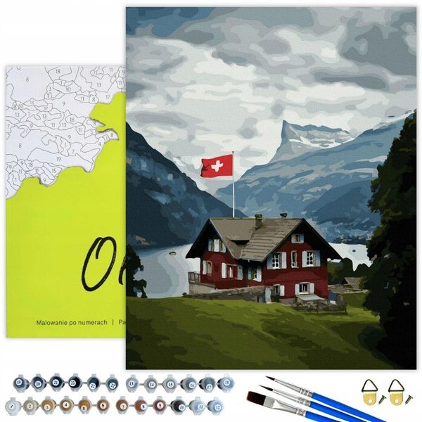 Oh Art! Pittura Numerica Paesaggio - Casa Svizzera Sul Lago 50X40 Cm Con Cornice, 29 Colori Incl. Pennelli E Colori Acrilici, Set Completo Per Adulti-image