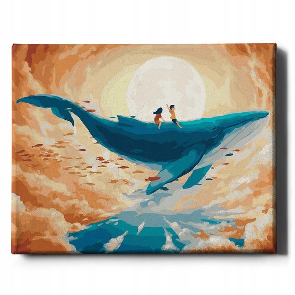 Oh Art! Dipingere Con I Numeri Animali - Fantasia Di Balena Nel Cielo 50X40 Cm Con Cornice, 22 Colori Incl. Pennelli E Colori Acrilici, Set Completo Per Adulti Bambini-image