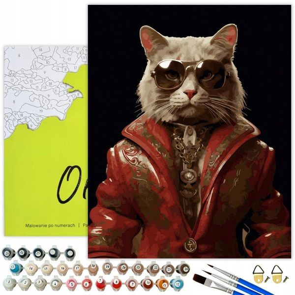 Oh Art! Dipingere Con I Numeri Animali - Gatto Nobile In Abito 50X40 Cm Su Tela Nera Con Cornice, 26 Colori Inclusi Pennelli E Colori Acrilici-image