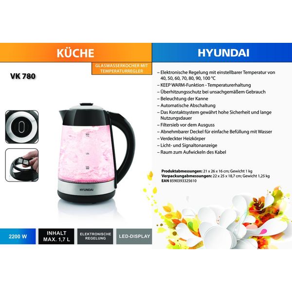 Bollitore In Vetro Hyundai Vk 780 Con 7 Temperature, Capacità Di 1,7 Litri E Display Led Da 2200 Watt HYUVK780-image