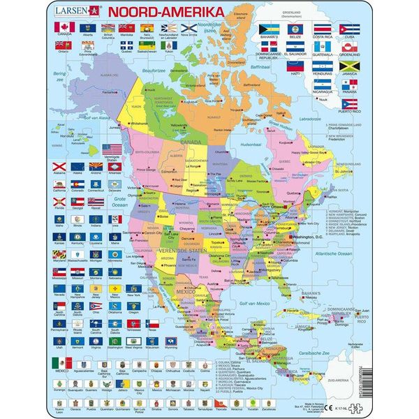 Larsen Puzzle Mappa Nord, America Con Stati E Bandiere, 70 Pezzi.-image