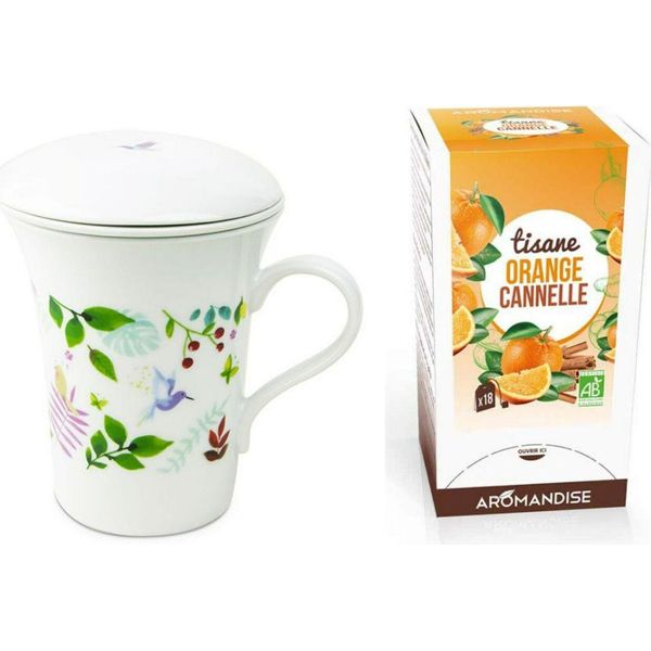 Tazza Da Tè Alle Erbe Con Fiori In Porcellana 250 Ml + Tè Alle Erbe Arancia E Cannella Da Coltivazione Biologica-image