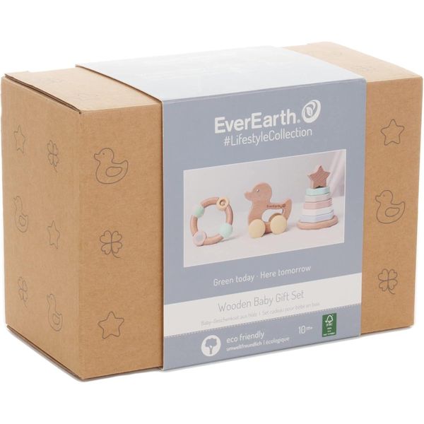 Set Di Regali In Legno Per Neonati Everearth - Set Di Regali Di Nascita Per Bambini, Bambine E Futuri Genitori - Regalo In Legno Per Neonati Con Torre Impilabile E Anatra Da Afferrare - Regali Per Neonati EE33903-image