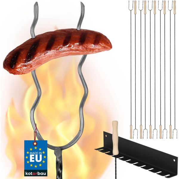 Kotarbau® Spiedini Per Barbecue Forchetta Per Barbecue Filo D'acciaio Spiedini Da Campeggio 130Cm Set Di 10 Pezzi + Gancio Manico In Legno Accessori Per Barbecue Forchetta Per Salsicce Spiedini Ondulati Spiedini Per Salsicce Gadget Per Barbecue Spiedini Da Campeggio Lungo-image