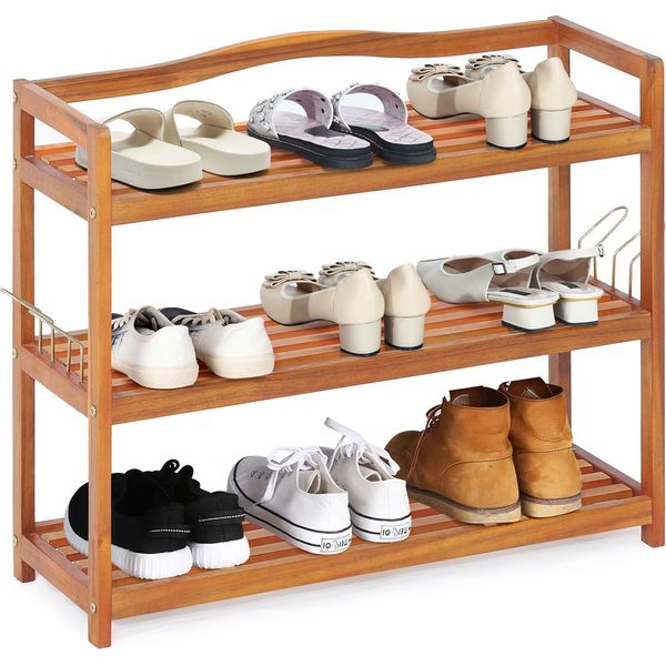 Costway Scarpiera A 3 Livelli In Legno D'acacia, Scarpiera Con Ganci In Metallo, Per Scarpe Fino A 12-18 Paia, Ripiano In Piedi 74 X 26 Cm-image