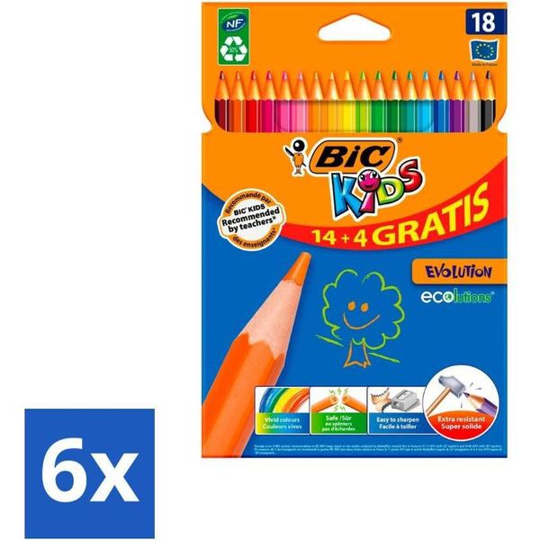 Bic Kids - Matite Colorate - Colori Assortiti - Eco - Evolution - 18 Matite - Confezione Risparmio - 6 Pezzi-image