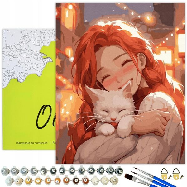 Oh Art! Pittura Con I Numeri Ragazza Con Gatto 40X50 Cm Tela Con Cornice 29 Colori Acrilici 3 Pennelli Quadro Fai Da Te Animali Anime Adulti Bambini-image