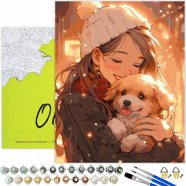Oh Art! Pittura Con I Numeri Bambini Con Cane - Ragazza In Inverno 40X50 Cm Con Cornice, 27 Colori Acrilici E Set Di Pennelli Per Adulti E Ragazzi-image