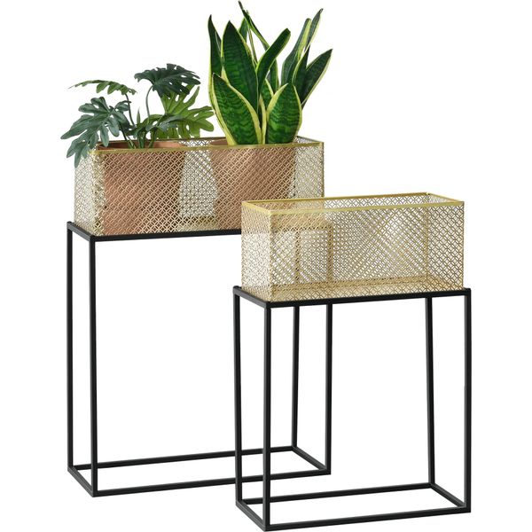 Supporto Per Piante Anderlues Set Di 2 Supporti Per Vasi Da Fiori Di Diverse Dimensioni Supporto Per Vasi Da Fiori Supporto Per Piante Supporto Per Fiori Metallo Colori Nero/Ottone-image