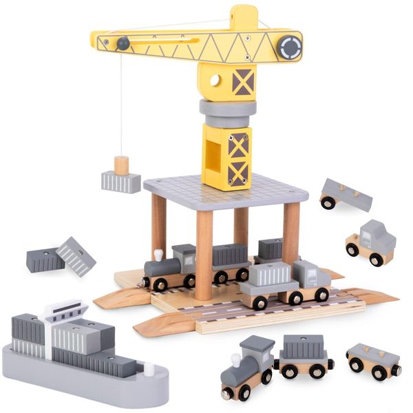Gru Portuale Giocattolo In Legno Con Argano Magnetico E Nave Container - Per Bambini Dai 3 Anni In Su-image