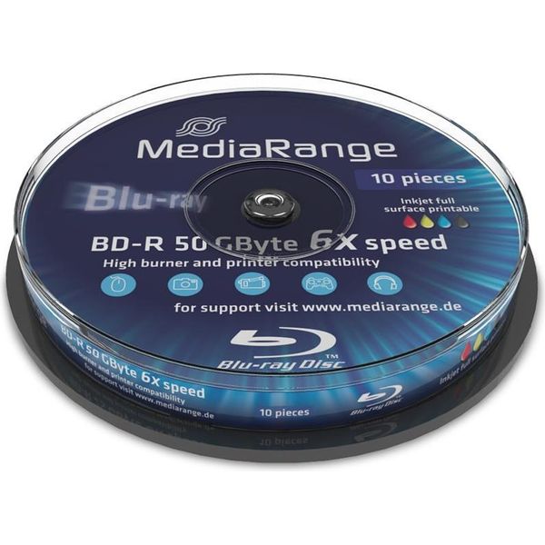 Mediarange Bluray 50GB 10Pcs BD-R Cake 6X Inkjet Fullprint.-image
