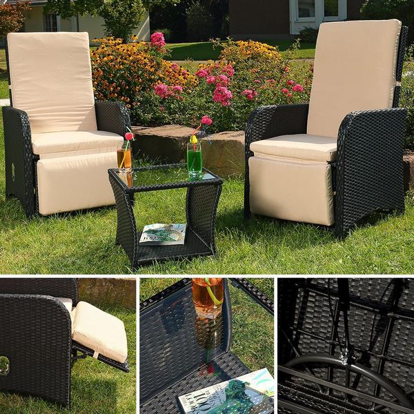 Mucola Set Di Sedute 2 Poltrone E Tavolo Set Da Salotto In Polyrattan Mobili Da Giardino Gruppo Di Sedute Da Giardino Set Da Pranzo - Nero-image