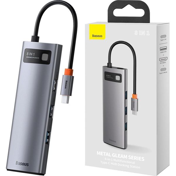 Hub 8W1 Baseus Metal Gleam Series, Usb-C Do 3X Usb 3.0 + Hdmi + Usb-C Pd + Ethernet Rj45 + Microsd/Sd-image