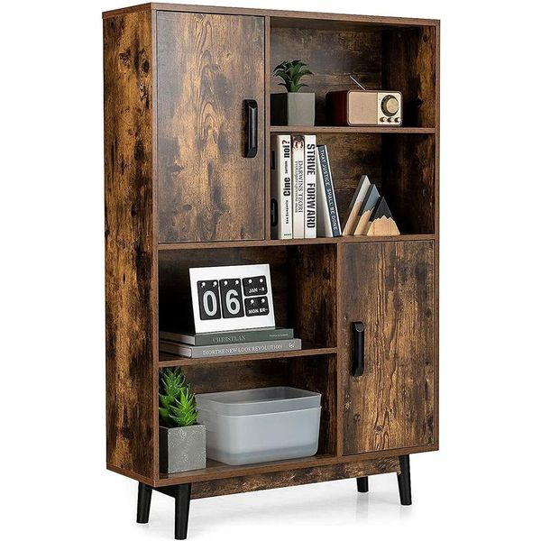 Libreria In Legno Costway HW67563CF, Con 2 Ante E 4 Ripiani Aperti, Scaffale In Legno Verticale, Scaffale Portaoggetti, 80X24X120Cm - A-image