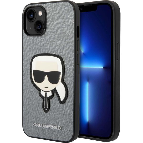 Karl Lagerfeld Klhcp14Msapkhg Custodia Rigida Per Iphone 14 Plus / 15 Plus 6.7 Argento/Argento Saffiano Karl's Head Patch-image