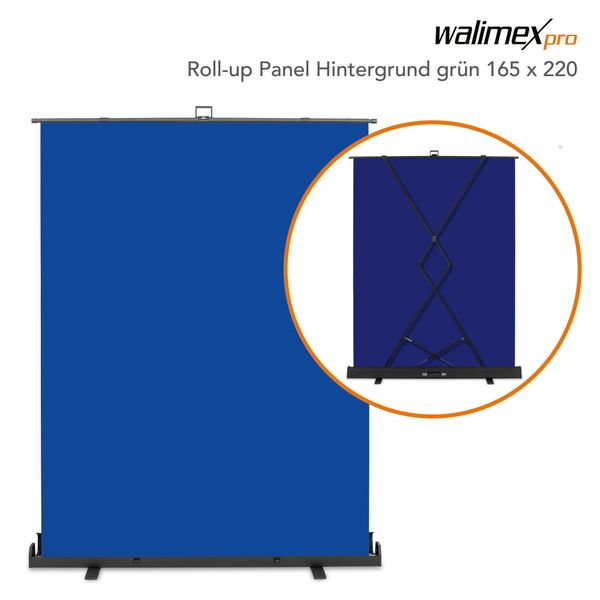 Walimex Pro Roll-Up Panel Background Blu 165 X 220 Cm, Sfondo Fotografico Con Scatola Di Trasporto, Sistema Di Sfondo Per Lo Studio Fotografico, Tela Fotografica Senza Pieghe Ideale Per Il Ritaglio E Il Chromakeying-image