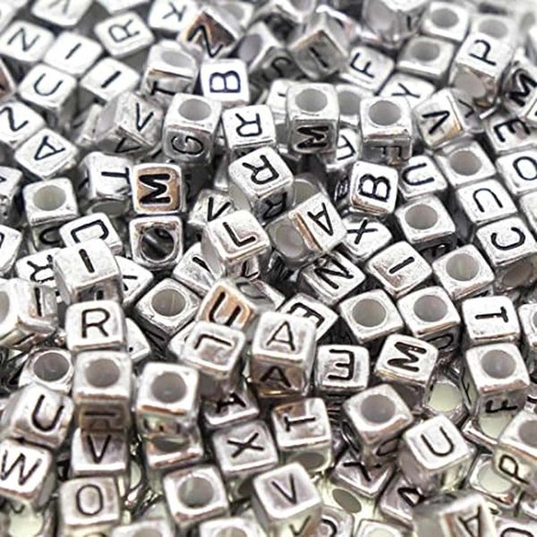 Perline Con Lettere, 1000 Pezzi, 4X7 Mm, Argento Con Nero, Rotonde, Mix Di Lettere-image