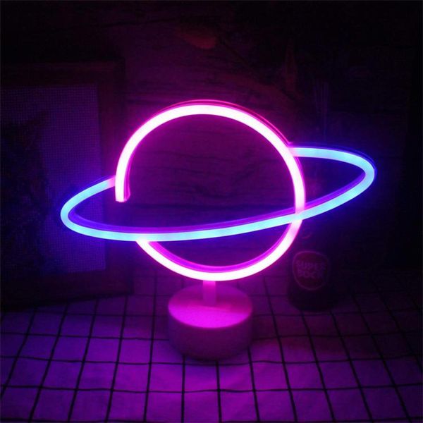 Luce Led Neon, Lampada Da Terra Decorativa, Pianeta, Blu Rosa, Circa 30 X 24,5 X 8,5 Cm-image