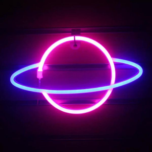 Luce Led Neon, Applique Decorativa, Pianeta Rosa Blu, Circa 36,5 X 20 X 2 Cm-image