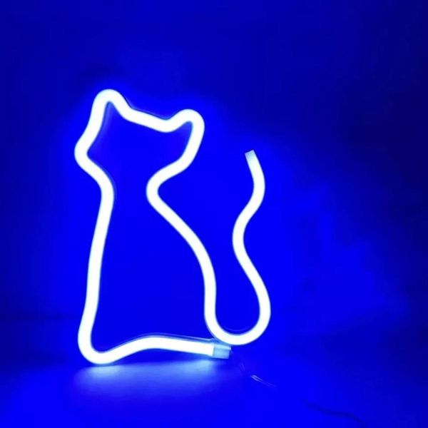 Luce Led Neon, Luce Decorativa A Batteria Usb, Gatto Blu, Circa 17 X 23,5 Cm-image