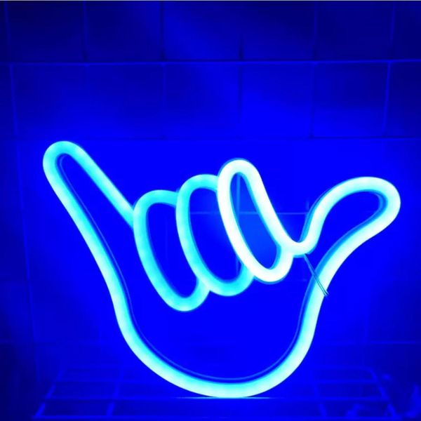 Luce Led Neon, Luce Decorativa A Batteria Usb, Mano Shaka Blu, Circa 22,5 X 22 Cm-image