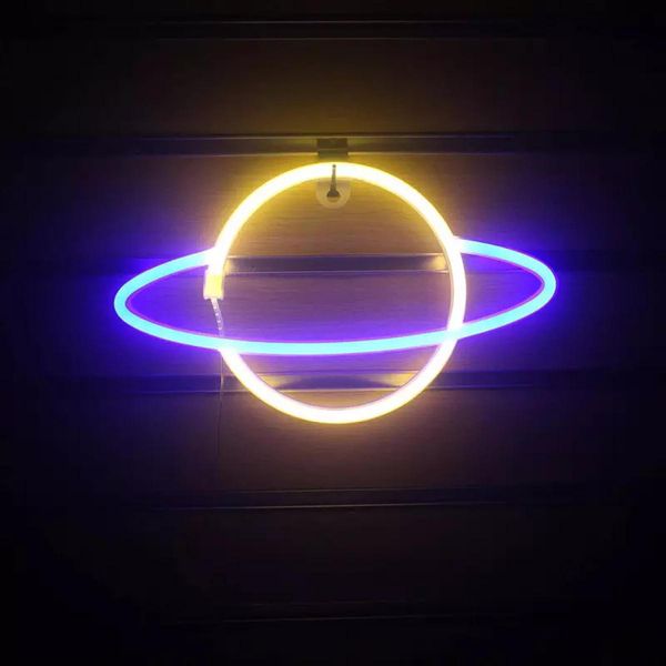 Luce Led Neon, Luce Decorativa A Batteria Usb, Pianeta Azzurro Caldo, Circa 30 X 17,5 Cm-image