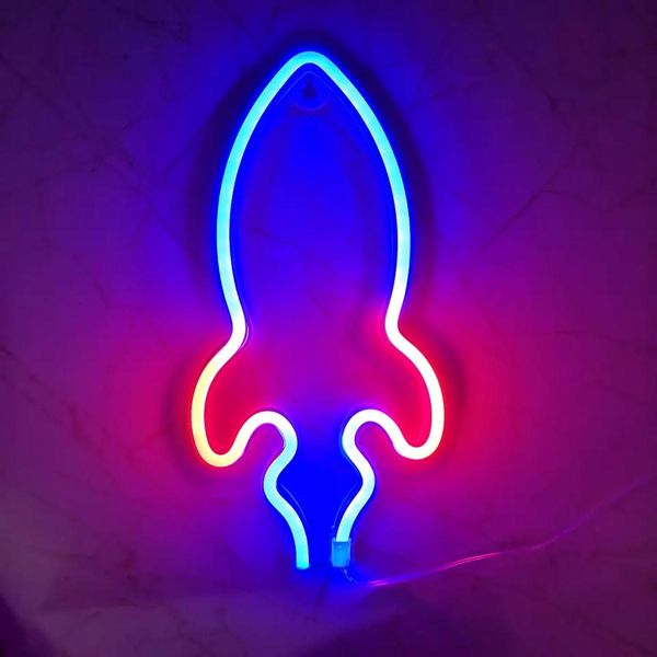 Luce Led Neon, Luce Decorativa A Batteria Usb, Blu Razzo Rosso, Circa 25,8 X 14,5 Cm-image