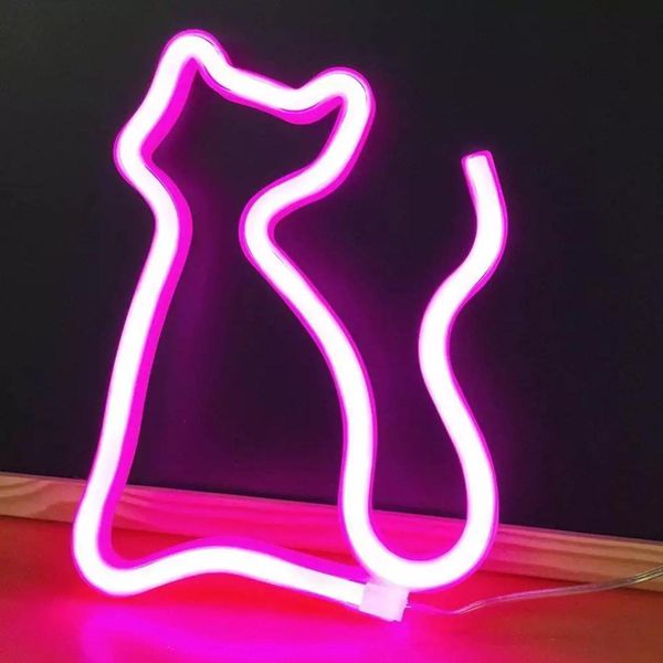 Luce Led Neon, Luce Decorativa A Batteria Usb, Rosa Gatto, Circa 17 X 23,5 Cm-image