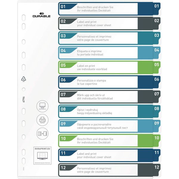Durable Divisorio A4+ In Pp Con 12 Tasti Colorati 1-12 E Indice Personalizzabile, Colorato, 679627-image