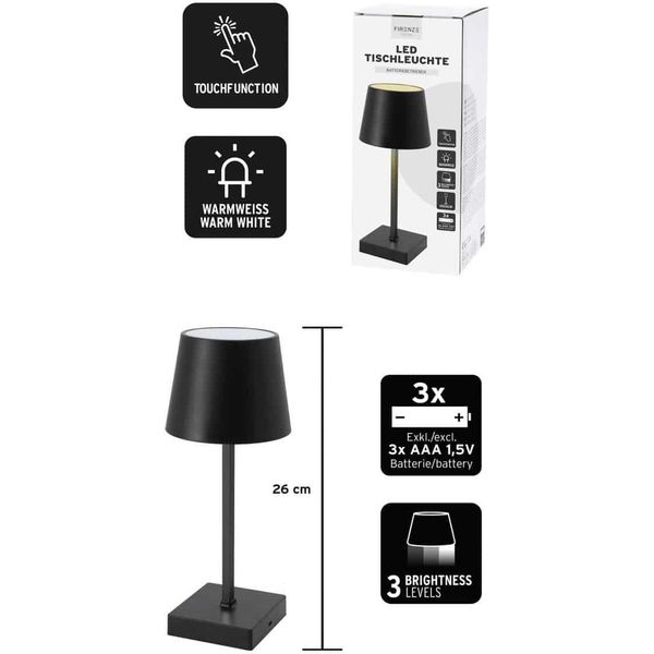 Cepewa Lampada Da Tavolo Led Nera Funzione Touch 26 Cm A Batteria Bianco Caldo 56520-image