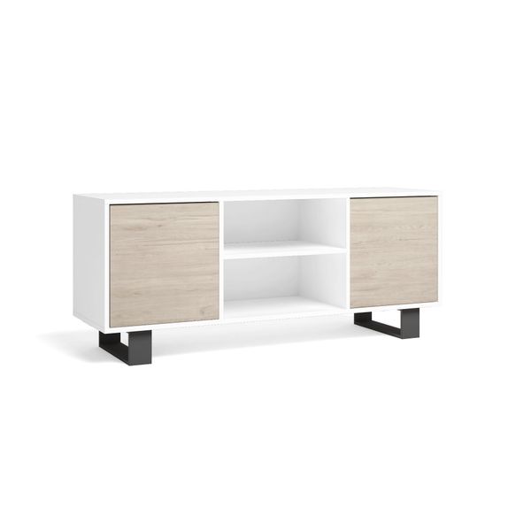 Mobile Tv 2 Porte, Soggiorno, Modello Wind, Bianco E Rovere, 137X40X57Cm-image