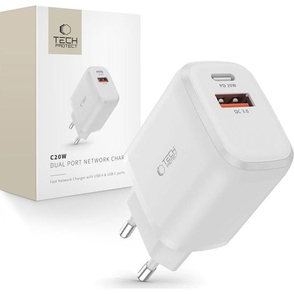 Tech-Protect C20W Caricatore Di Rete A 2 Porte Pd20W/Qc3.0 Bianco-image