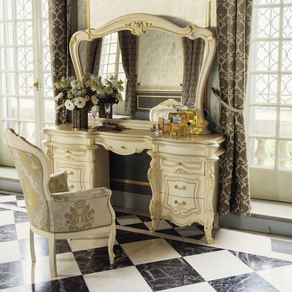 Tavolo Da Toilette + Poltrona Tavolo Da Toilette Tavolo Cosmetico Specchio Cassettiera Tavoli 3Pcs-image