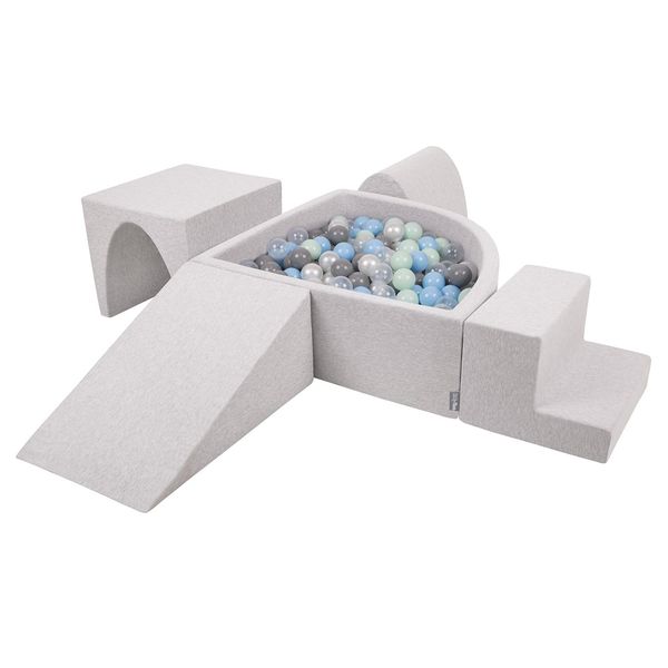 Parco Giochi In Schiuma Kiddymoon Con Piscina A Quarto Di Cerchio Con Palline (200 Palline) Percorso Ad Ostacoli, Grigio Chiaro:Perla/Grigio/Trasparente/Blu Bambino/Minze-image