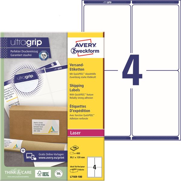 Avery Zweckform® L7169-100 L7169-100 Etichette Per Spedizioni - 99,1X139 Mm, 400 Pezzi, Bianco-image