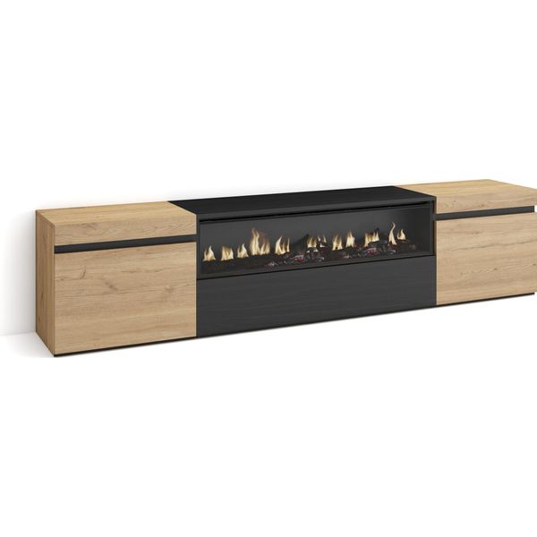 Mobile Tv Soggiorno, 200X35X45Cm, Per Tv Fino A 80", Camino Elettrico, Rovere E Nero"-image