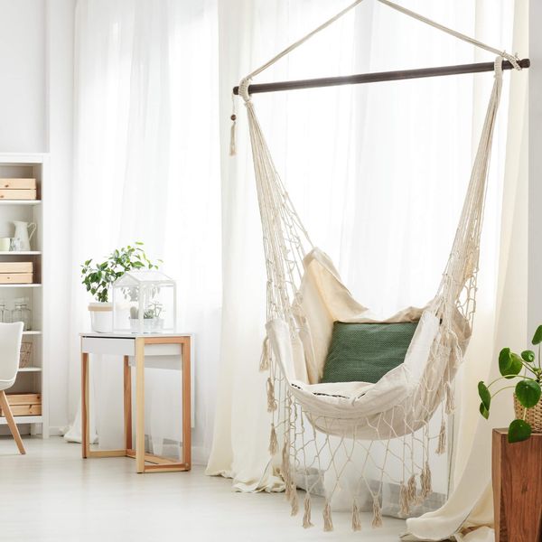 Sedia Sospesa Rebecca Mobili Con Cuscino In Cotone Imbottito, Beige-image