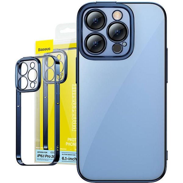 Baseus Glitter Transparent Case And Tempered Glass Set For Iphone 14 Pro (Blue)-image