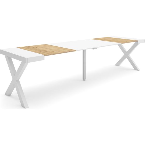 Consolle Allungabile, 302X90X73Cm, Per 14 Persone, Gambe In Legno, Rovere E Bianco-image