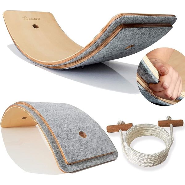 Ki̇ndbos Balance Board Bambini- 80X30 Cm - Tavola D'equilibrio In Legno Con Protezione Per Le Dita+Feltro/Senza Feltro- Tavola D'equilibrio Curvilinea Bambini E Adulti-image